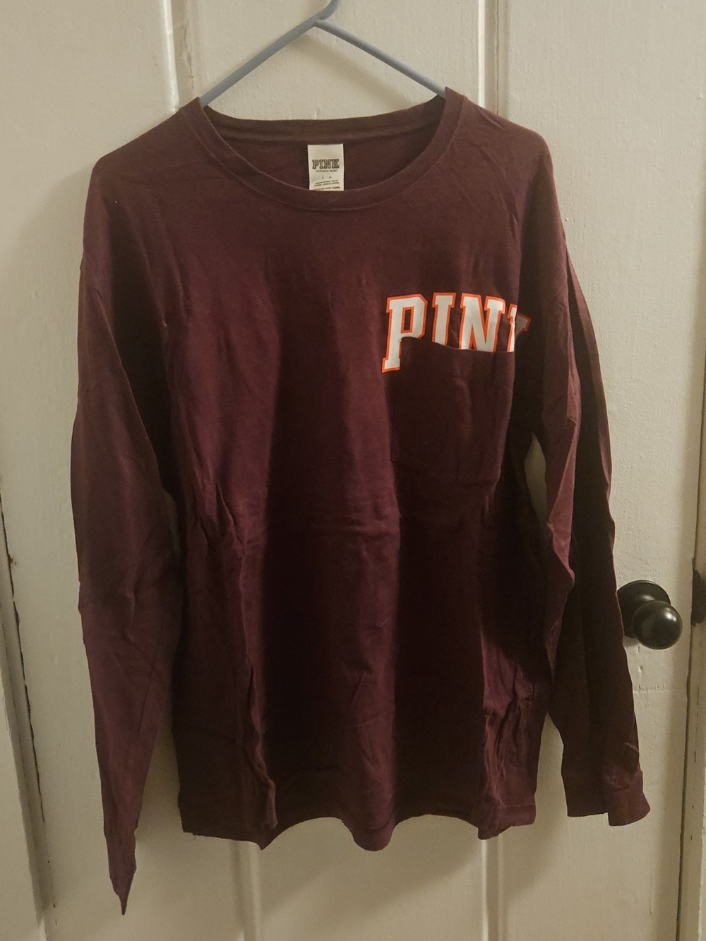 PINK Victoria's Secret Long Sleeve Tee in Deep Plum with White/Orange Logo